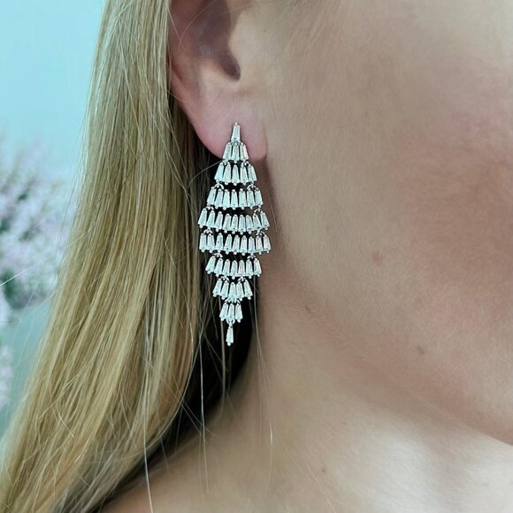 BAQUETTE DROP EARRINGS  CZ DIAMONDS STERLING SILVER - Picture 1 of 5
